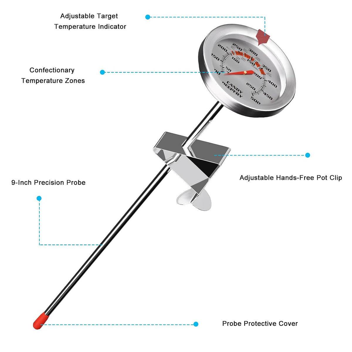 Stainless Steel Candy Thermometer with Pot Clip Deep Fry Oil Thermometer with 9" Long Probe & 2" Dial Accurate Temperature Reading for Cooking Candy Sugar Jelly Syrup Deep Frying Thermometer