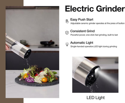 Stainless Steel Rechargeable Electric Salt and Pepper Grinder Set – USB Charging, One-Hand Electric Mill, Adjustable Coarseness, LED Light & Dust Cover –2pack(Greige & Buttercream)