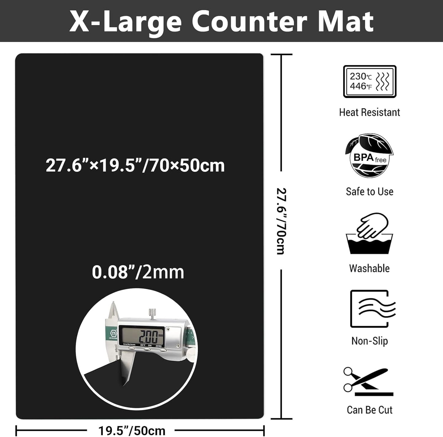 Ewen 25.6x17.7in Large Silicone Kitchen Counter Mat, 2mm Thick Heat Resistant Countertop Protector, Baking Silicone Mat under Air Fryer Toaster Oven Microwave Coffee Maker Cutting Board Drill Black