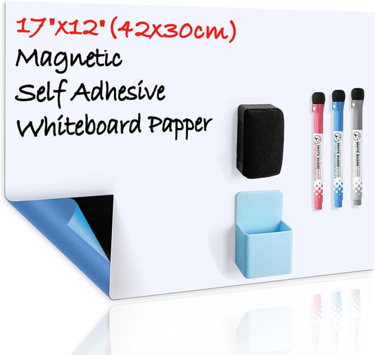 CUHIOY Dry Erase Self Adhesive Magnetic Whiteboard Sticker on Any Smooth Surface, Stain Resistant 17x12 Fridge Whtieboard Magnet Sheet, Used as Weekly Meal Planner Reminder Notice 3 Marker Pens