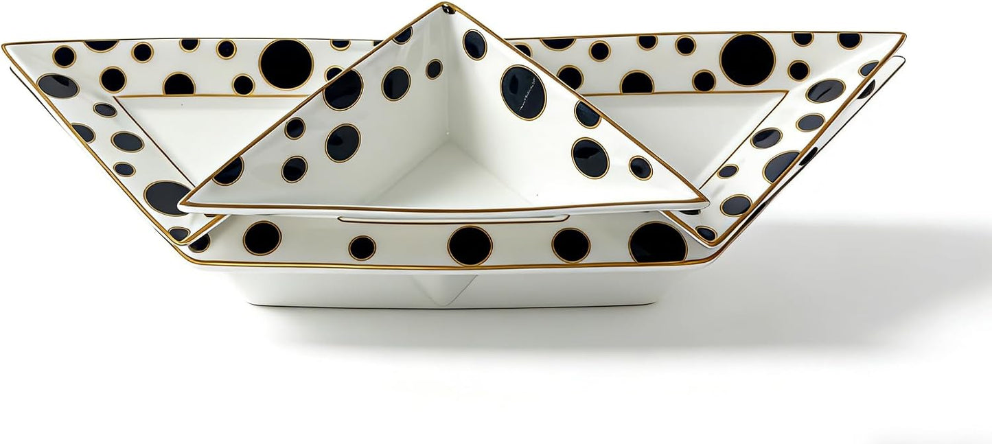 Porlien Triangle Porcelain Divided Serving Tray Set of 3 with Stand, Black and White Polka Dot Serving Platters, Small Plates for Desserts, Appetizers,Snacks, Fruits,Chips & Dip
