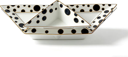 Porlien Triangle Porcelain Divided Serving Tray Set of 3 with Stand, Black and White Polka Dot Serving Platters, Small Plates for Desserts, Appetizers,Snacks, Fruits,Chips & Dip