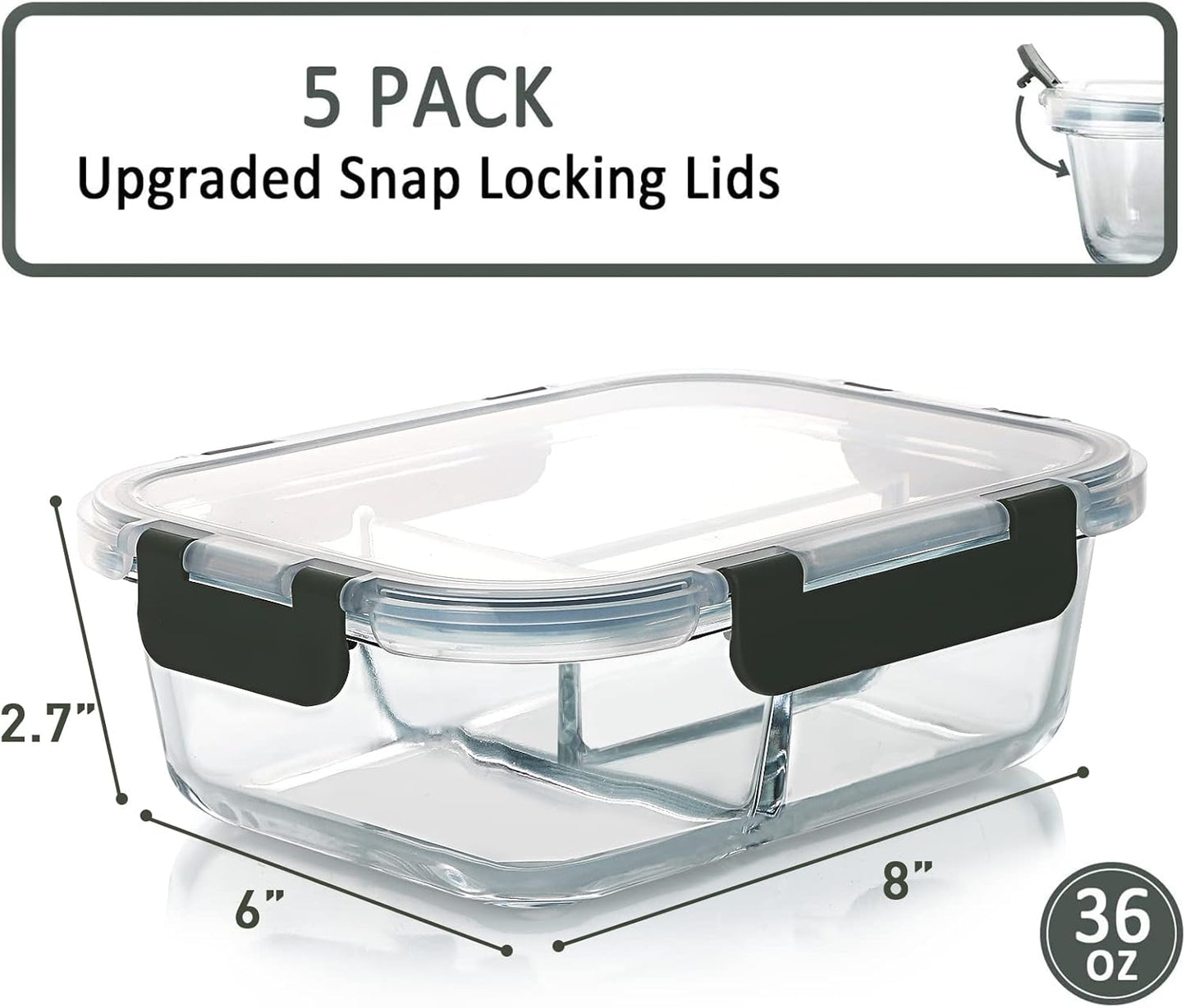 M MCIRCO 36 oz 3 Compartments Glass Meal Prep Containers set of 5 and 24Pcs Glass Food Storage Containers Set