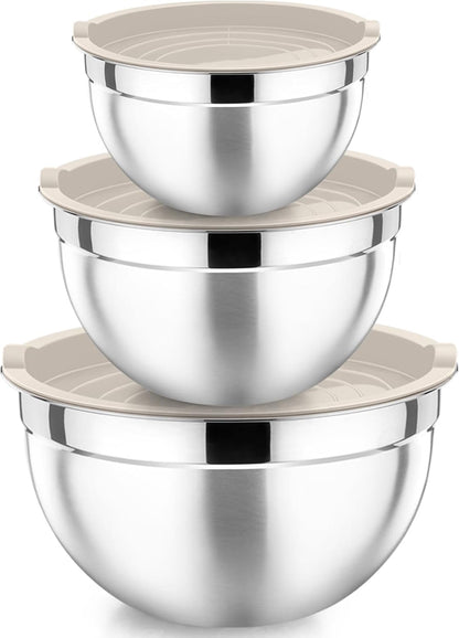 P&P CHEF Black Mixing Bowls with Lids, Set of 3, Stainless Steel Salad Nesting Bowl for Mixing, Storing, Prepping, Airtight & Stackable, Size 4.6/3 /1.5 QT