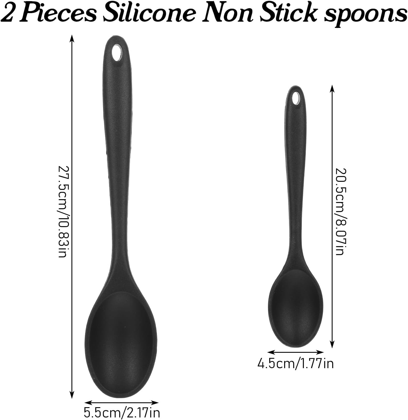 2 Pcs Silicone Cooking Spoons Heat Resistant,Silicone Serving Spoons.2 Size Black Silicon Mixing Spoon – Long Handle Silicon Spoon for Cook,Baking & Non-Stick Kitchen Tools