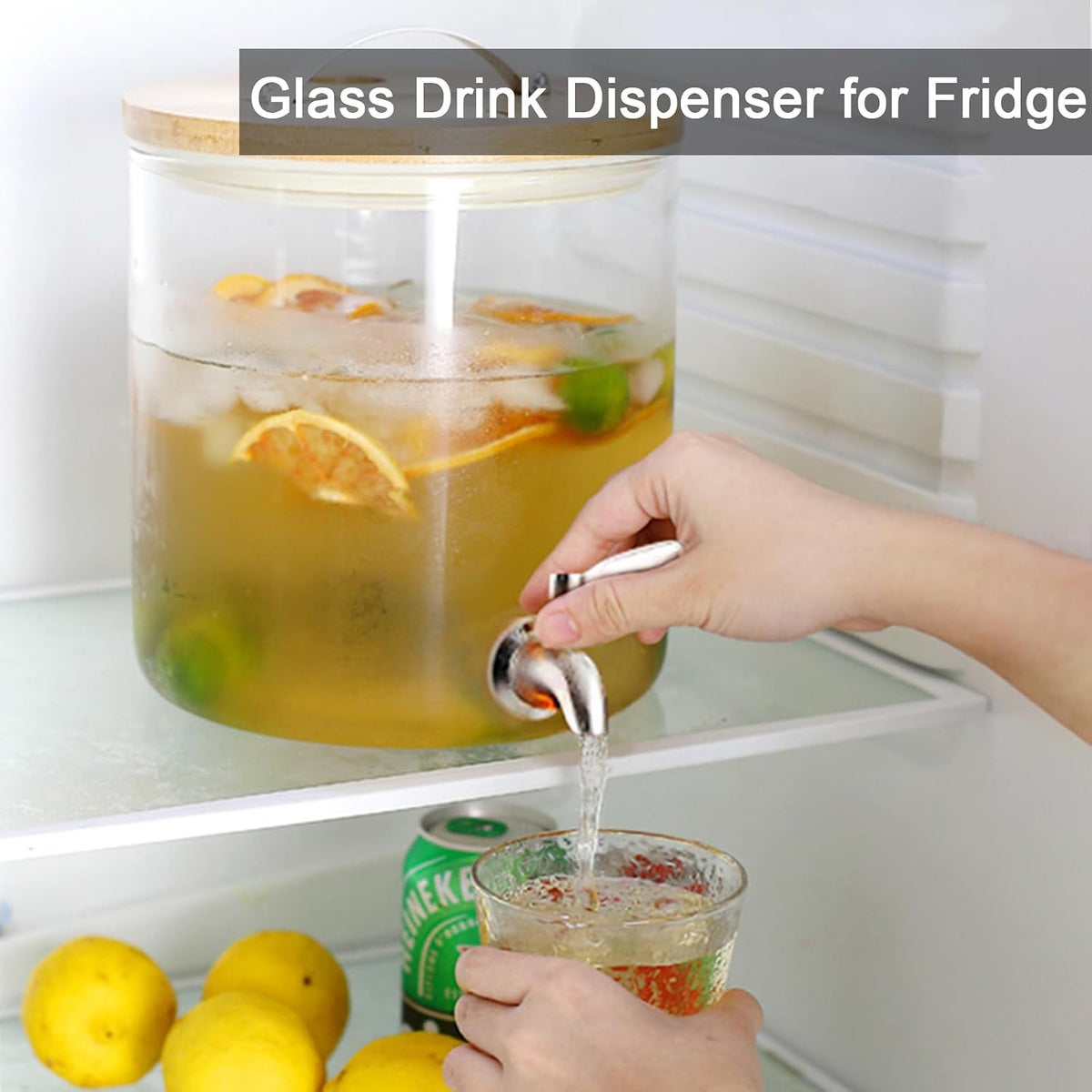 Glass Beverage Dispenser with Stand, 1.5 Gallons Glass Drink Dispenser-Beverage Dispenser with Wood Stand, Stainless Steel Spigot for Parties,Bars,Restaurants