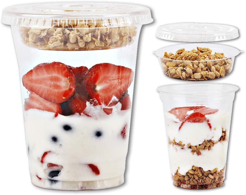 Aatriet Clear Plastic Parfait Cups with Insert &Lids No Hole - Yogurt Fruit Parfait Cups for Kids, for Dips and Veggies, Take Away Breakfast and Snacks. No Leaking (12oz. flat, 50sets)