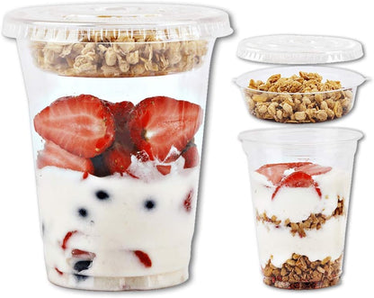 Aatriet Clear Plastic Parfait Cups with Insert &Lids No Hole - Yogurt Fruit Parfait Cups for Kids, for Dips and Veggies, Take Away Breakfast and Snacks. No Leaking (12oz. flat, 50sets)
