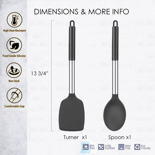 Kitchen Utensils Set of 2, Silicone Cooking Utensils, Turner/Spatula, Spoons - Heat Resistant, Nonstick Cookware, Dishwasher Safe, Black
