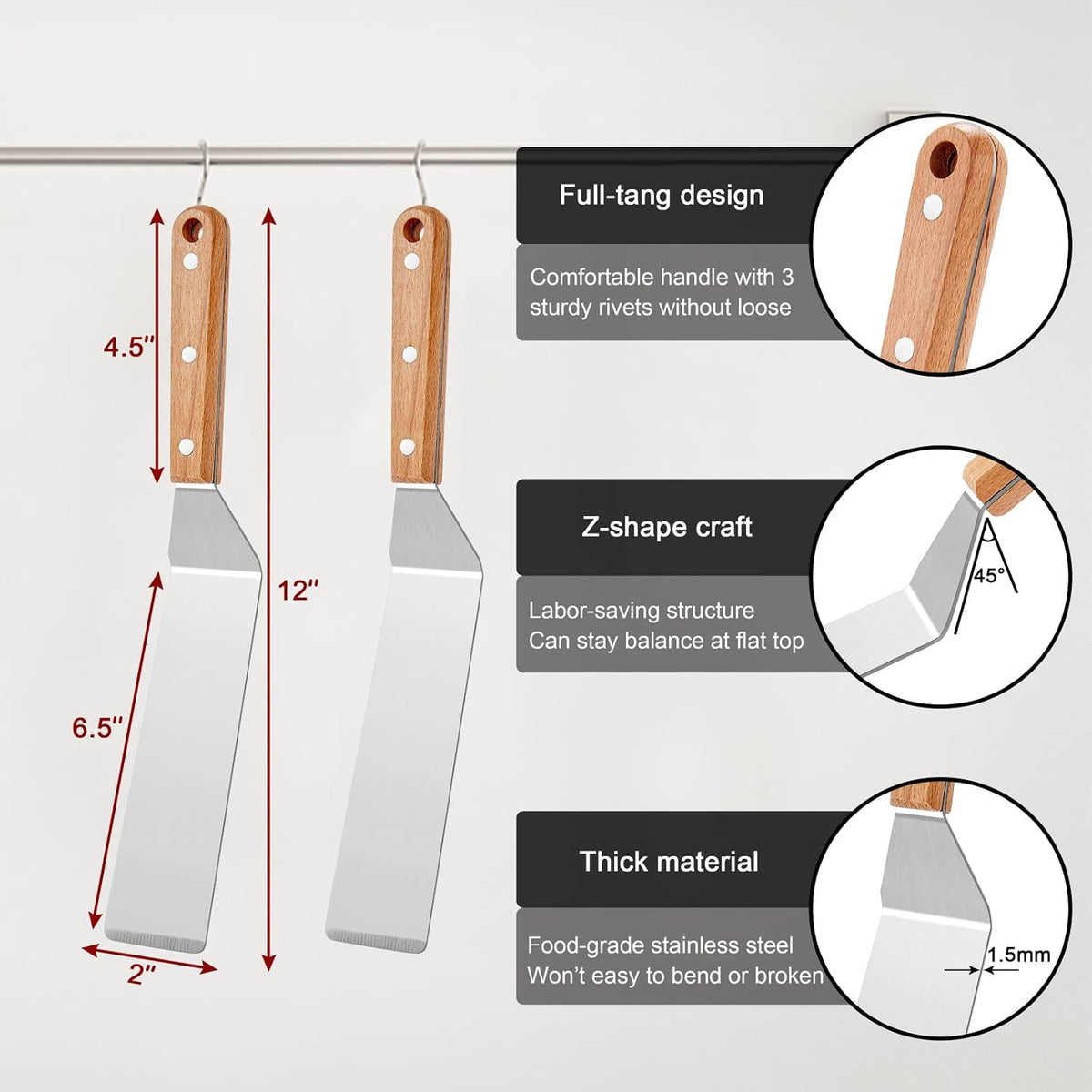 Metal Spatula Set of 2, HaSteeL 12In Long Stainless Steel Griddle Spatula, Heavy Duty Narrow Pancake Flipper Burger Turner for Teppanyaki Flat Top Hibachi Indoor Outdoor, Wooden Handle & Easy to Clean
