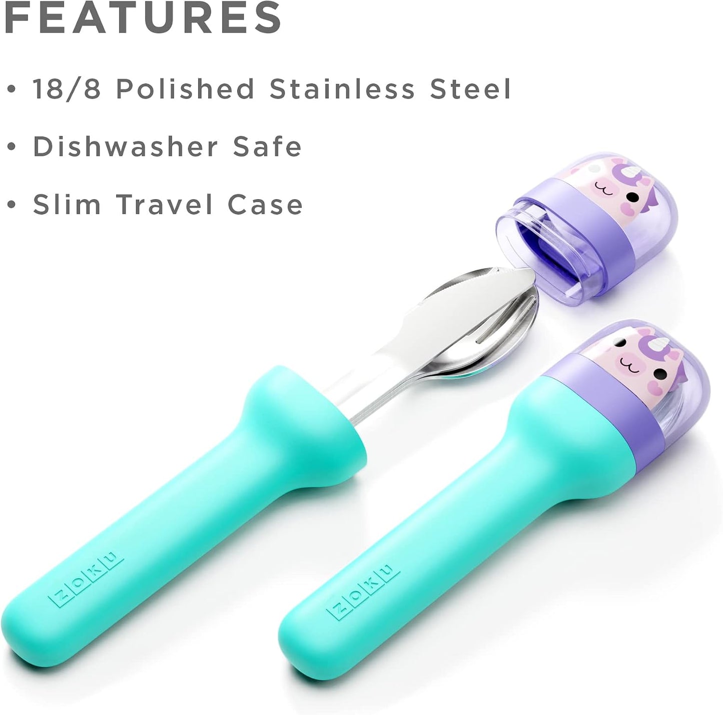 ZOKU Kids Pocket Utensil Set, Kitty - Stainless Steel Fork, Knife, and Spoon in Case - Portable Design for Travel, School, Picnics, Camping and Outdoor Home Use