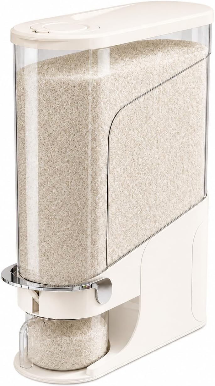 Rice Dispenser 11 Lb, Slim Rice Storage Container with Double Sealing Strip, Press to Dispense Cereal Container Airtight for Kitchen Pantry Organization, (Ivory White-11lb)