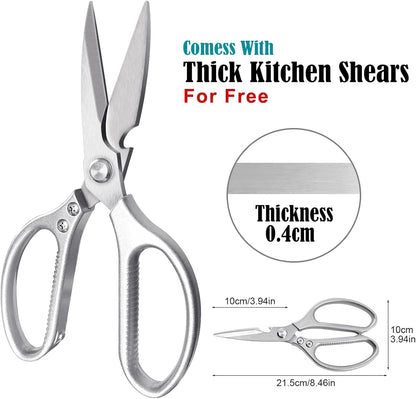 SGNEKOO All Stainless Steel Kitchen Scissors, Heavy Duty Stainless Steel All Purpose Kitchen Shears, Removable Utility Scissors for Food, Meat, Herbs, Poultry（Silver）