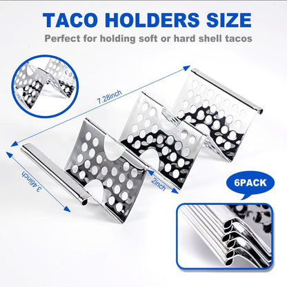 Taco Holders Set of 6, Stainless Steel Taco Holder Stand, Stylish Taco Shell Holders, Each Metal Taco Stands for 3 Tacos, Taco Rack Taco Serving Tray Oven, Grill and Dishwasher Safe