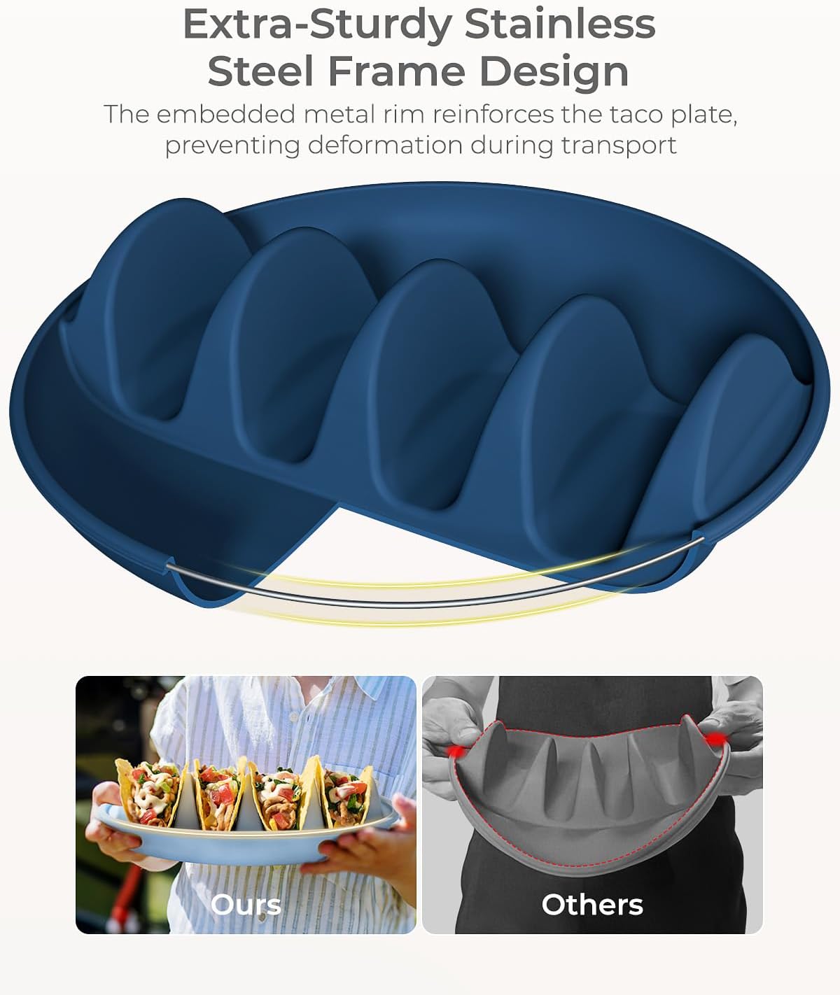 Silicone Taco Plates with Metal Reinforced Frame, Reusable Taco Holder Plates Silicone Taco Holders with Dividers for Hard/Soft Taco Shells, Taco Party Serving Plates, Dishwasher Safe