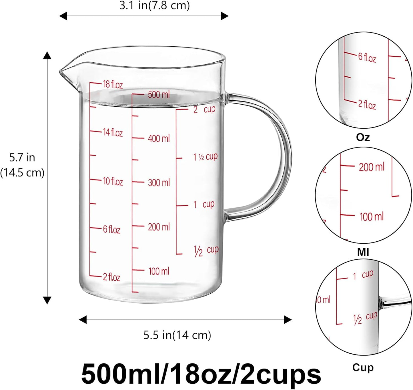 Luvan 34OZ/1000ML Glass Measuring Cup, 4 Cup Glass Measuring Cups With 3 Scales (Ml/Oz/Cup), High Borosilicate Measuring Cup With Handle and V-Shaped Spout, Dishwasher/Freezer/Microwave Safe