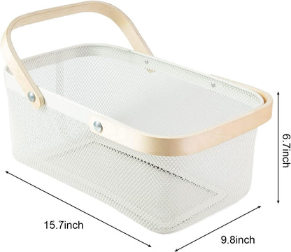 Portable Garden Harvest Basket-Mesh Design Natural Bamboo Handle Wire Storage Baskets,Mesh Basket with Handle Organize Items Reduce Space Occupation,Suitable for Kitchen,Garden,Picnic(Black)