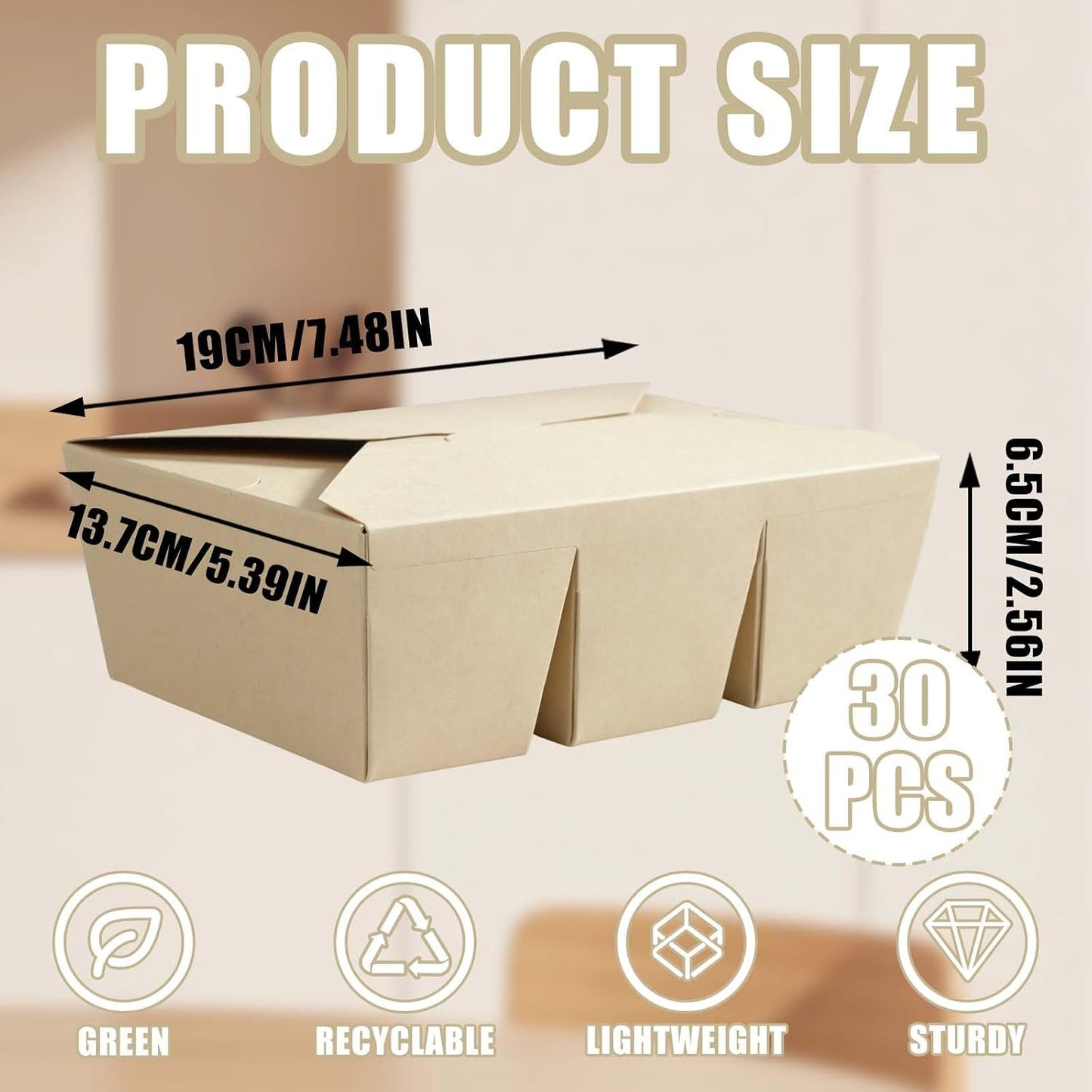 30 Pack 3 Compartment Take Out Food Containers, 7.5x5.4x2.6" Bamboo Pulp Paper Take Out Boxes, Disposable To Go Container Take Out Containers, Greaseproof Paper Bento Box Takeout Lunch Boxes with Lid