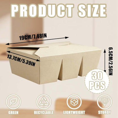30 Pack 3 Compartment Take Out Food Containers, 7.5x5.4x2.6" Bamboo Pulp Paper Take Out Boxes, Disposable To Go Container Take Out Containers, Greaseproof Paper Bento Box Takeout Lunch Boxes with Lid