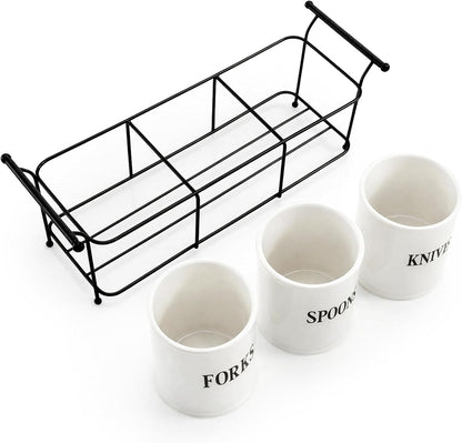 Bekith 3-Piece White Ceramic Silverware Caddy with Black Metal Rack, Utensil Holder Flatware Caddy Cutlery Storage Organizer for Kitchen Table, Cabinet or Pantry