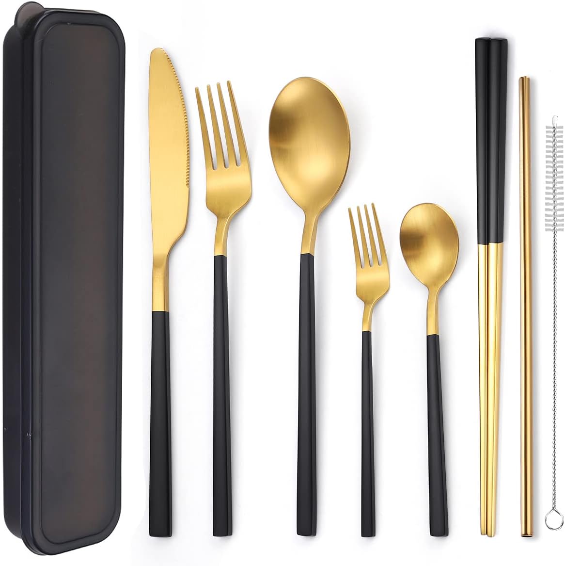 AARAINBOW 6 Pieces 18/8 Stainless Steel Flatware Set Portable Reusable Cutlery Set Travel Utensils Set Including Chopsticks Knife Fork Spoon Straws Cleaning Brush Dishwasher Safe (Green golden)