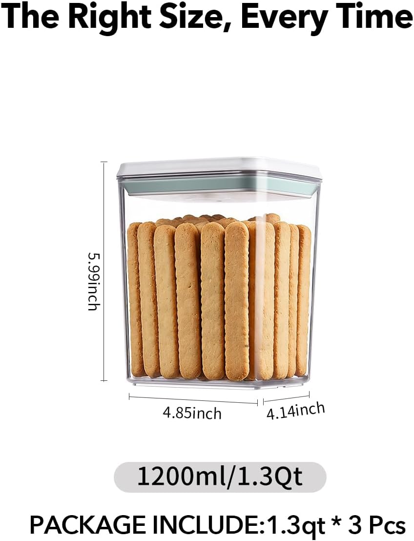 Airtight Food Storage with One-Touch Lid, (3 × 1.27 QT / 1.2 L) Stackable Durable PET for Sugar, Grains, Coffee Beans, and Baking Pantry Organization