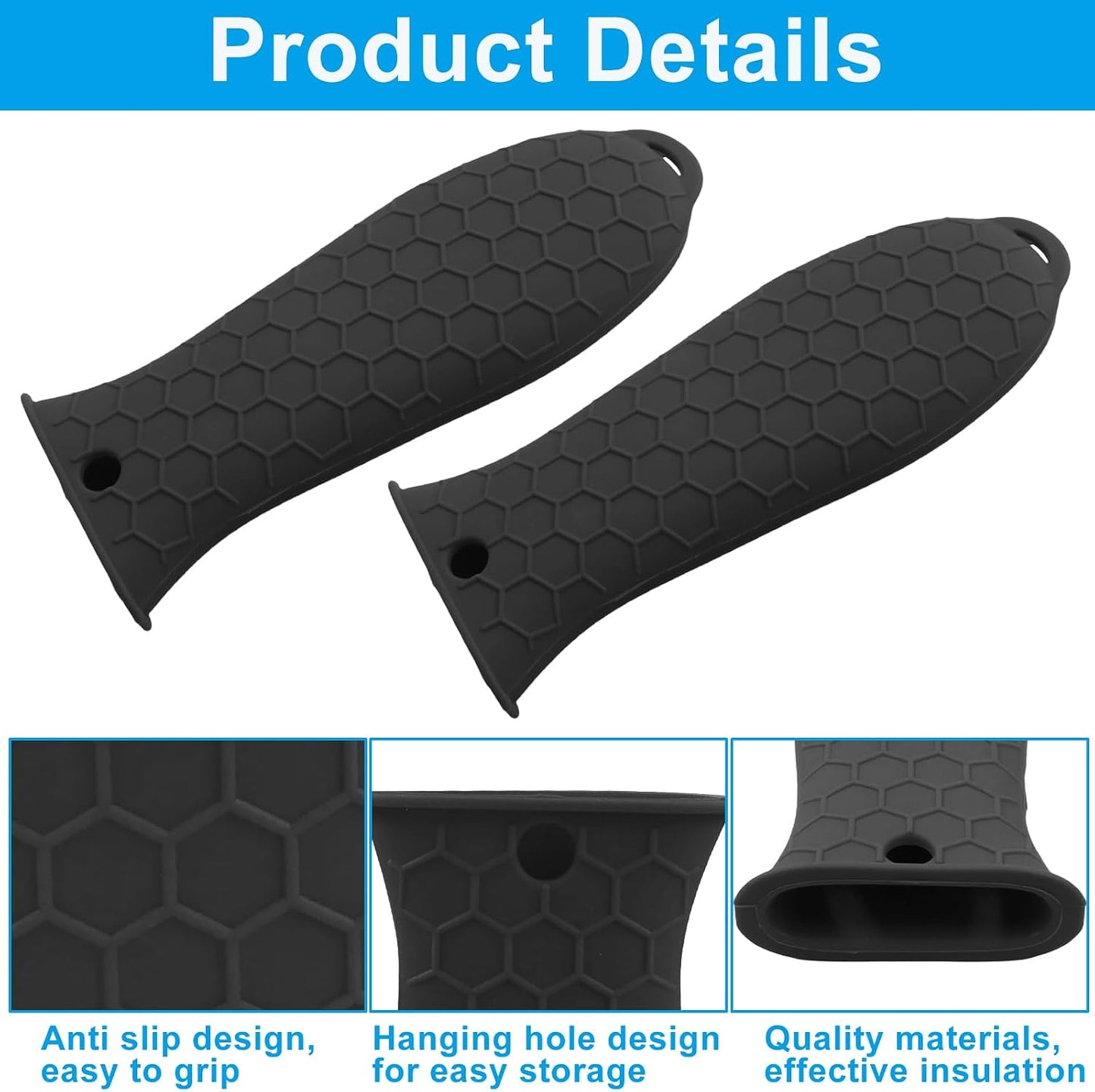 2 Pack Handle Cover, Black Heat Resistant Pan Handle Sleeve, Non-Slip Grip for Cast Iron Skillet, Fry Pan, Grill & Cookware, Fits Most Flat & Oval Handles