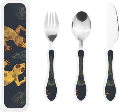 3-Piece Kids Silverware Set With Storage Case, Stainless Steel Reusable Children Safe Knife Spoon Fork Set Black White Stripes Red Rose Flowers Children Flatware Set For Kids Lunch Box