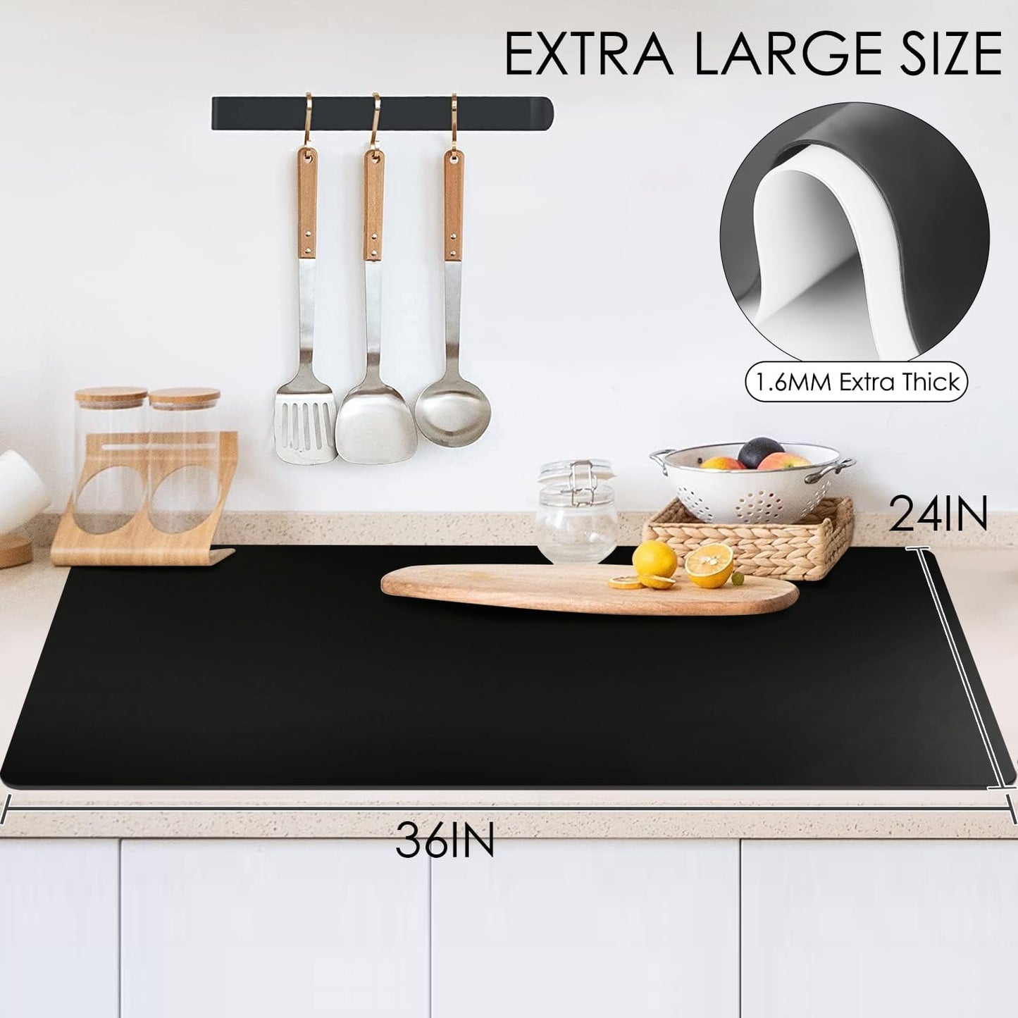 Extra Large Silicone Mat, 31.5x23.6 Inch Heat Resistant Mat for Kitchen Counter, Non Stick Silicone Baking Mat for Dough and Pastry, Thick Silicone placement Countertop Protector, Black countertop mat