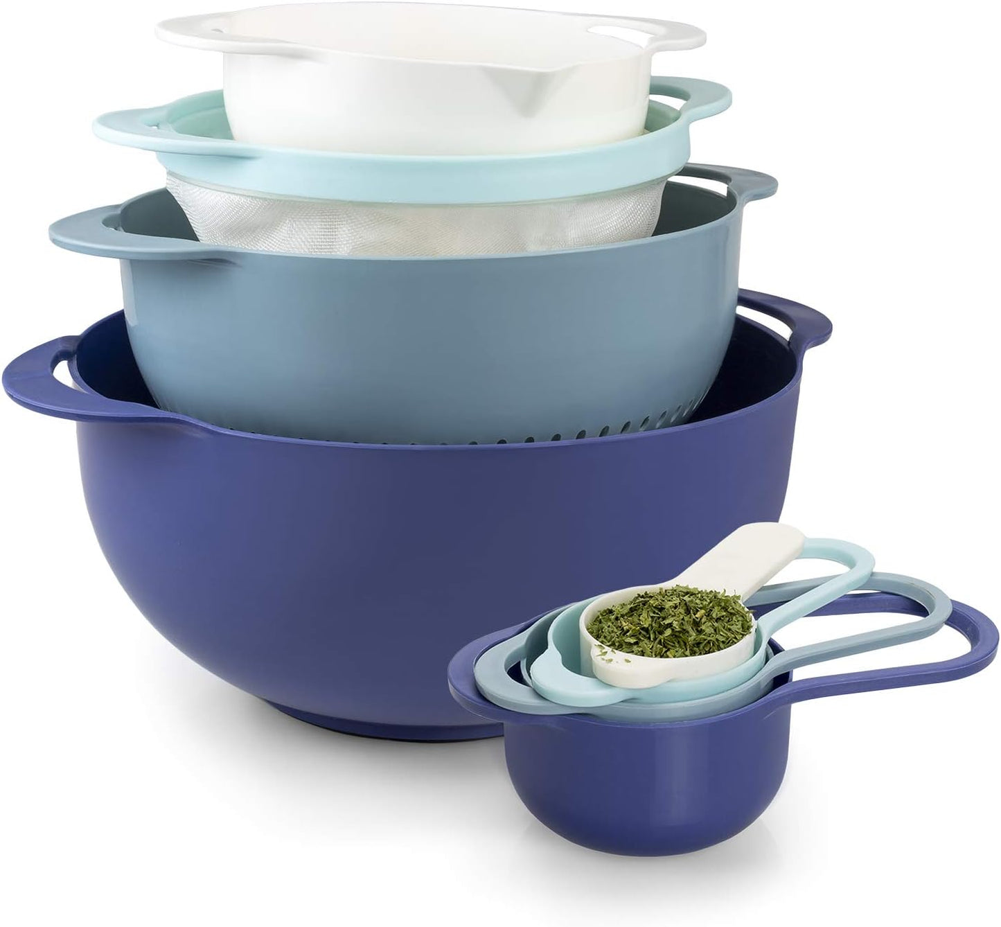 COOK WITH COLOR Nesting Bowls with Measuring Cups Colander and Sifter Set - Includes Mixing Bowls, Colander, Sifter and Measuring Cups, Navy, 8 Pc Bowl