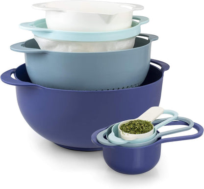 COOK WITH COLOR Nesting Bowls with Measuring Cups Colander and Sifter Set - Includes Mixing Bowls, Colander, Sifter and Measuring Cups, Navy, 8 Pc Bowl