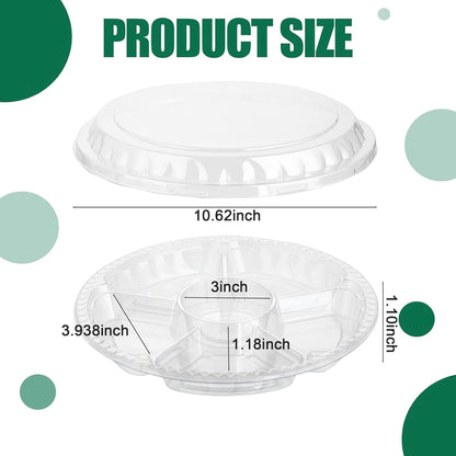 30 Pack Fruit Trays for Serving for Party, 6 Divided Compartment Disposable Party Platters for Vegetable Fruit Snack Nut, Plastic Veggie Tray with Lid for Buffet Catering（10.4 Inch） (Clear)