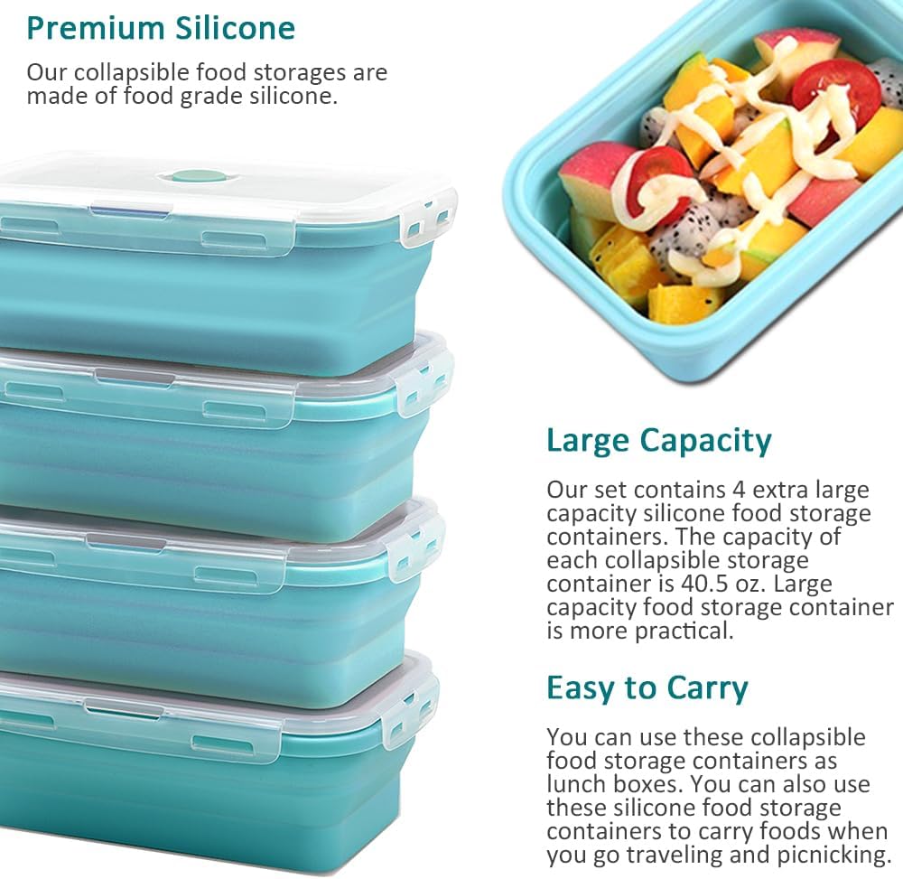 Alimat PluS 40.5oz Silicone Collapsible Food Storage Containers with Lids, 3 Pack Set 1200ml Folding Large Meal Prep Lunch Containers, Microwave, Freezer and Dishwasher Safe