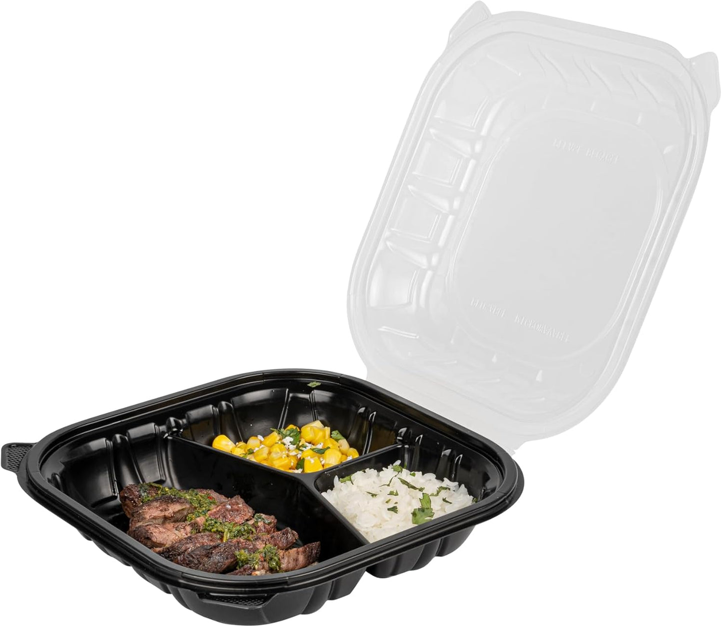 Thermo Tek 40 Ounce Clamshell Containers, 50 Disposable Take Out Boxes - 3 Compartments, Ventilated Lids, Black Plastic Meal Prep Containers, Microwavable, For Pasta Or Salads - Restaurantware
