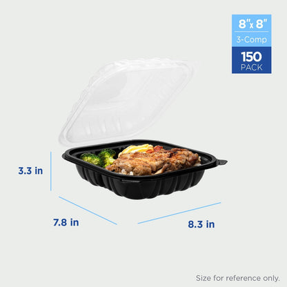 Karat Premium PP Hinged Container [150 ct], Take Out Food Containers - Case (9"x9", 3 compartments)