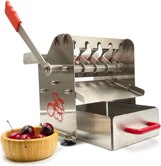 The Sausage Maker - Stainless Steel Deluxe Cherry Pitter - Heavy Duty Multi Pit Removal Tool - 5 at Once Capacity - Includes Catching Container