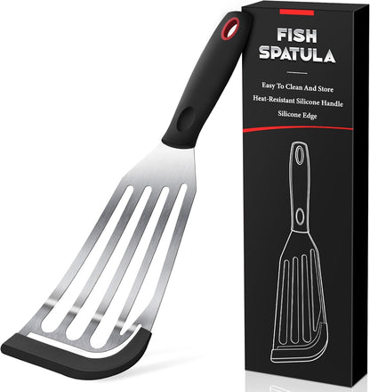 Silicone Fish Spatula, Heat Resistant Silicone Edge for Nonstick Cookware, Fish Turner for Kitchen Use, Flexible and Thin Stainless Steel Cooking utensils, Perfect Slotted Spatula for Egg, Pancake