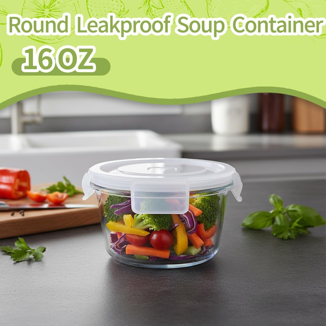 H.JSS WDJS 3Cup Round Glass Food Storage Containers with Airtight lids, 23oz Glass Meal Prep Containers, Heat-Resistant BPA-Free for Soup Leftover, Microwave, Dishwasher and Fridge Safe (white-4Pack)
