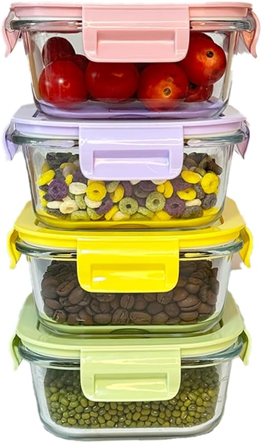 8 Pcs Square Glass Food Storage Container with Lids, 16OZ Square Glass Meal Prep Containers Set, 2 Cup glass Food Storage for Lunch Salad, Microwave, Oven, Freezer, Dishwasher Safe (4 Pack)