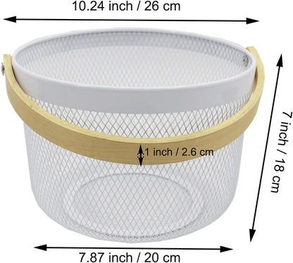 AJIODA Metal Mesh Steel Wire Basket, Round Storage Organizer Basket with Wooden Handle Multi-functional Hanging Kitchen Baskets Fruit Baskets for Kitchen Bathroom Picnic Decor Cabinet Home, White