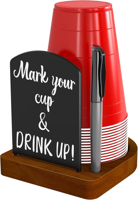 Decorative Solo Cup Holder with Marker Slot, Disposable Cup Dispenser Prevents Drink Mix-Ups – A Hosting Essential for Birthdays, BBQs, Gatherings & Housewarming, Brown