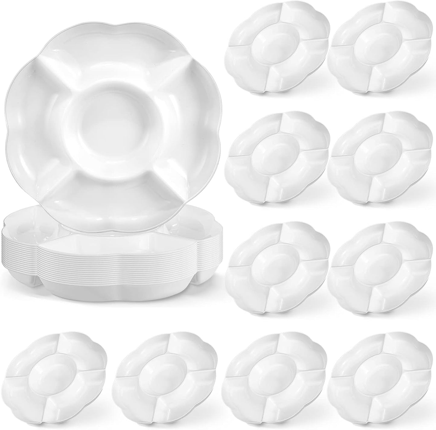 Zopeal 16 Pcs 5 Sectional Plastic Serving Tray Round Chip and Dip Serving Dish 10 Inch Fruit Veggie Platter Appetizer Plate with Dividers for Party Snack Candy Dish Platter(White)