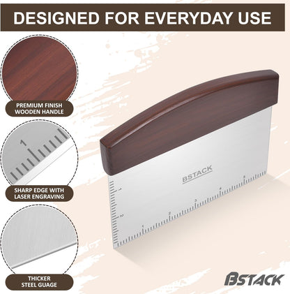 Bench Scraper Stainless Steel Dough Scraper with Ergonomic Wooden Handle Vegetable Chopper for Multipurpose Kitchen use for Pizza, Bread and Cookie Dough Cutter.
