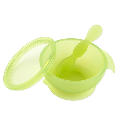 Bumkins Baby Bowl, Silicone Feeding Set with Suction for Baby and Toddler, Includes Spoon and Lid, First Feeding Set, Training Essentials for Baby Led Weaning for Babies 4 Months Up, Sage