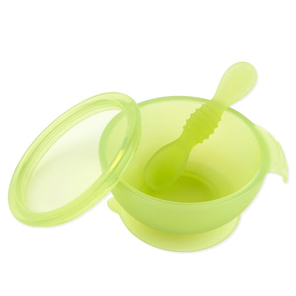 Bumkins Baby Bowl, Silicone Feeding Set with Suction for Baby and Toddler, Includes Spoon and Lid, First Feeding Set, Training Essentials for Baby Led Weaning for Babies 4 Months Up, Sage