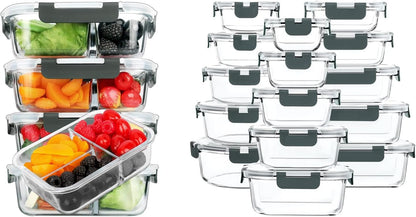 M MCIRCO 36 oz 3 Compartments Glass Meal Prep Containers set of 5 and 30Pcs Glass Food Storage Containers Set