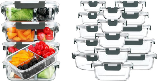 M MCIRCO 36 oz 3 Compartments Glass Meal Prep Containers set of 5 and 30Pcs Glass Food Storage Containers Set