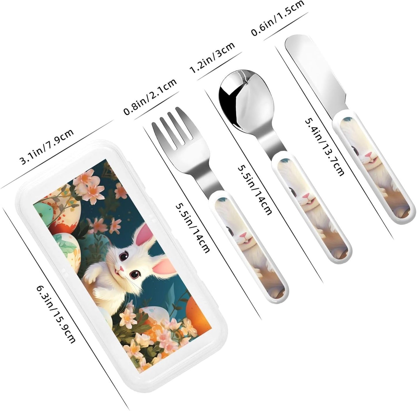 3-Piece Children Utensils Set Cute Easter Bunny Knife Spoon Fork Set Stainless Steel Silverware Set Easy-Grip Reusable Utensils Set Child Flatware Set with Case for Lunch Travel