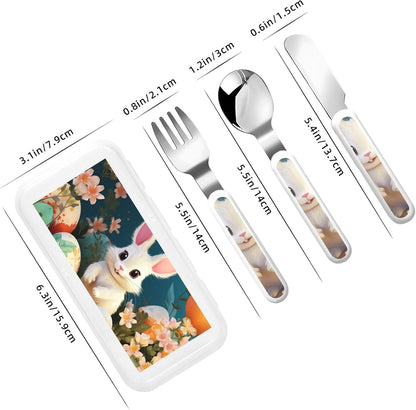 3-Piece Children Utensils Set Cute Easter Bunny Knife Spoon Fork Set Stainless Steel Silverware Set Easy-Grip Reusable Utensils Set Child Flatware Set with Case for Lunch Travel