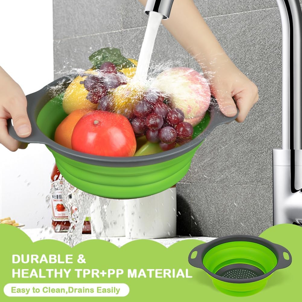 AUAUY 2 PCS Collapsible Colander Set, Square Silicone Folding Colander with Plastic Handles, Eco-Friendly Large Hole Kitchen Strainer for Draining Pasta Vegetables Fruits-1 Large and 1 Small